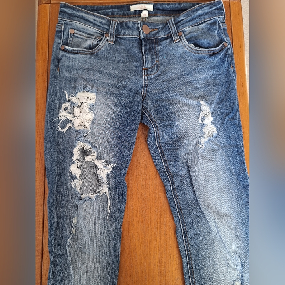 Y2K Crochet Low Rise Jeans Straight Skinny Distressed Ankle Crop Womens 0